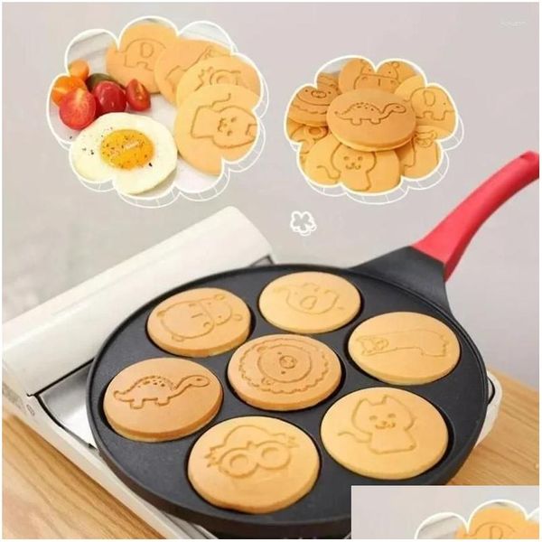 Pfannen Home Küche Sieben Loch Frühstück Bratpfanne Niedliches Tiergesicht Design Nonstick Multifunktional Pfannkuchen Ei Knödel Herd Drop Deli Otkw2