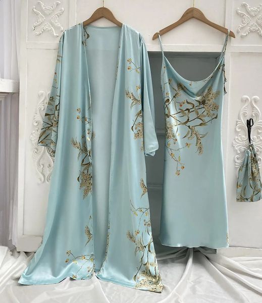Drucken 2 stücke Robe Schlaf Anzug Frauen Braut Kimono Bademantel Kleid Dessous Satin V-ausschnitt Nachtwäsche Strap Nachthemd Loungewear 240201