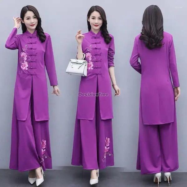 Abbigliamento etnico 2024 Tang Suit femminile stile cinese Cheongsam primavera nazionale retrò Qipao Top pantaloni a gamba larga Set a due pezzi S89