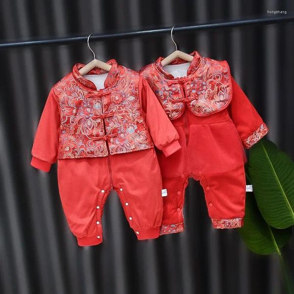 Roupas étnicas 2024 outono e inverno bebê vermelho bordado macacão kawaii menino menina ano tang terno engrossado presentes de aniversário