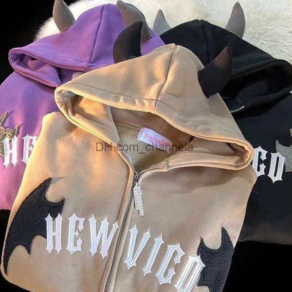 Erkek Hoodies Sweatshirts 2022 Yeni Küçük Şeytan Akıllı Nakış Fermuar Hoodies Kadın Sokak Hip-Hop artı Kadife Yastıklı Sweatshirts Çift Gevşek Katlar T240217