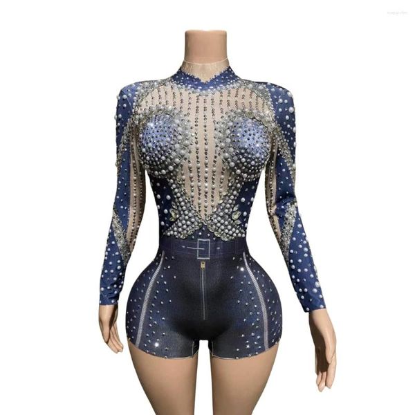 Bühnenkleidung, glänzender Perlen-Strass-Strampler für Damen, langärmelig, Stretch, einteiliger Body, DJ-Nachtclubwear, Sänger-Festzug-Kostüm