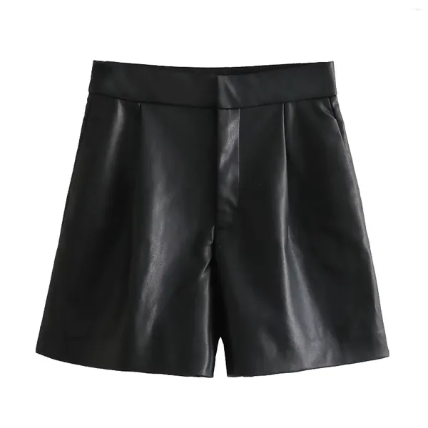 Shorts femininos de couro preto para mulher 2024 sexy cintura alta calças curtas femininas frente plissada moda feminina zip roupas