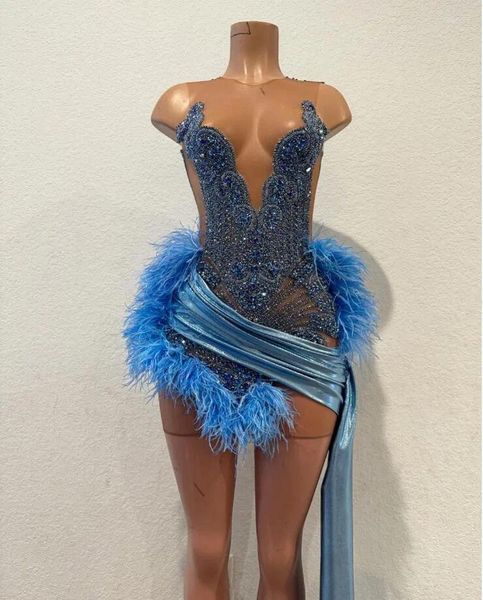 Partykleider Sky Blue Short Prom Homecoming Sparkly Diamant Kristall Straußenfedern Geburtstag Cocktailkleid Vestidos de Gala Mujer