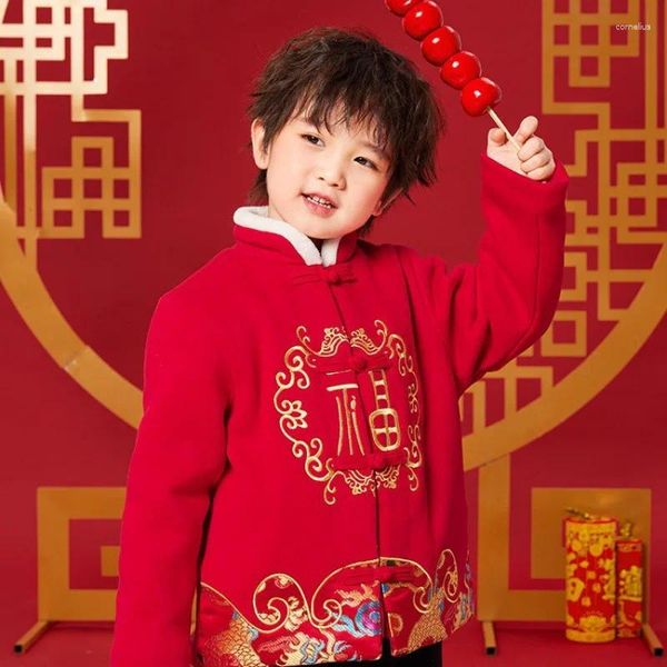 Roupas étnicas Inverno Engrossar Ano Chinês das Crianças para Crianças Bordado Bebê Menino Vermelho Jubilant Tang Terno Casaco Wushu Conjunto