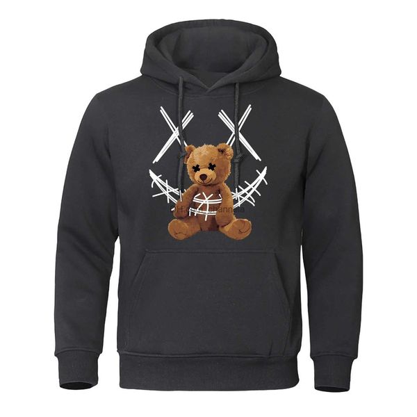 Felpe con cappuccio da uomo Felpe A ffed Bear Bound With A Bandage Stampa Felpa con cappuccio da uomo Hip Hop Street Streetwear Tasca Girocollo Abbigliamento Fleece Pullover Felpa con cappuccio T240217