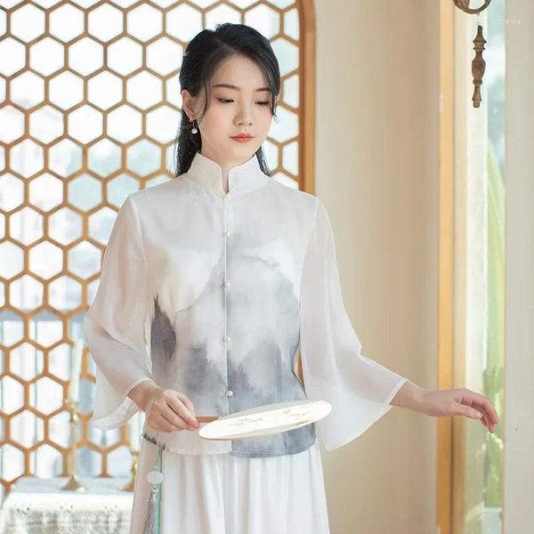 Ethnische Kleidung im chinesischen Stil Frauen Cheongsam Top Stehkragen Hanfu Tops Bluse Chiffon Print Tang Anzug Shirts 12989