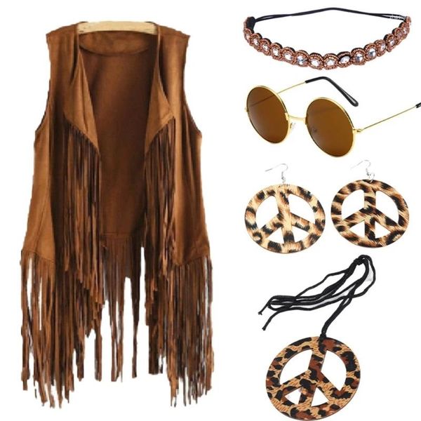 Kadın Yelekleri Hippi-Boho Alevlendi Üst Fringe-Best Tassel Barış İşareti Aksesuar Seti Güneş Gözlüğü N7ye