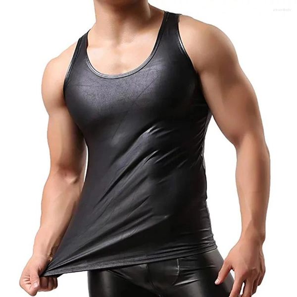 Regatas masculinas moda homem de couro falso camiseta colete sem mangas camiseta colheita topo sólido preto t camisa para roupas masculinas