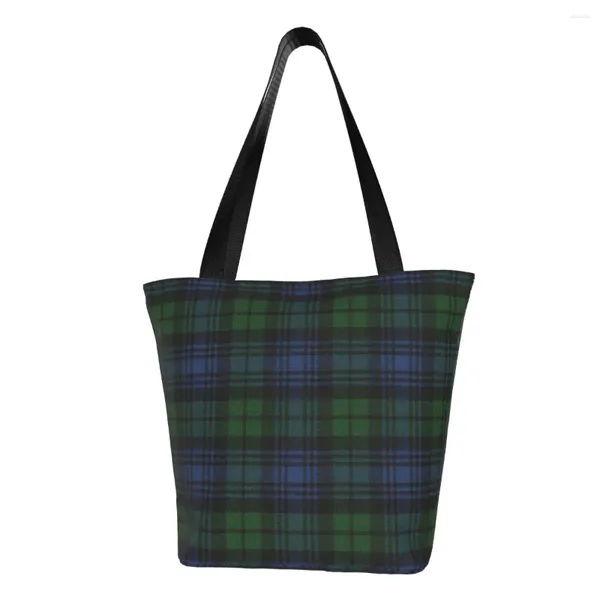 Sacos de compras Reciclagem Relógio Preto Escocês Tartan Xadrez Bolsa Mulheres Lona Ombro Tote Lavável Comprador de Mercearia