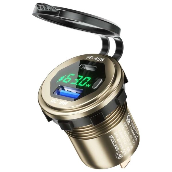 Metall 45 W Ctype C PD + 18 W QC3.0 USB-Schnellladegerät mit Spannungs-/Leistungsanzeige für SUV, Motorrad, LKW, Boot, ATV 63HD