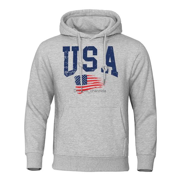 Moletom Com Capuz Masculino Moletons Usa Fluttering Bandeira Nacional Impressão Hoodies Homens Velo Roupas Quentes Casual Solto Moda Com Capuz Bolso Pulôver Moletom T240217