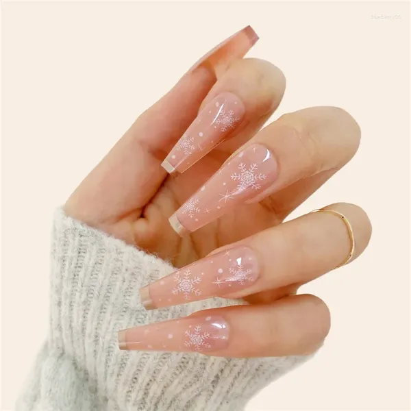 Falsas unhas 24 pcs floco de neve design rosa longo francês borda de ouro elegante falso quadrado unhas dicas imprensa no caixão cobertura completa