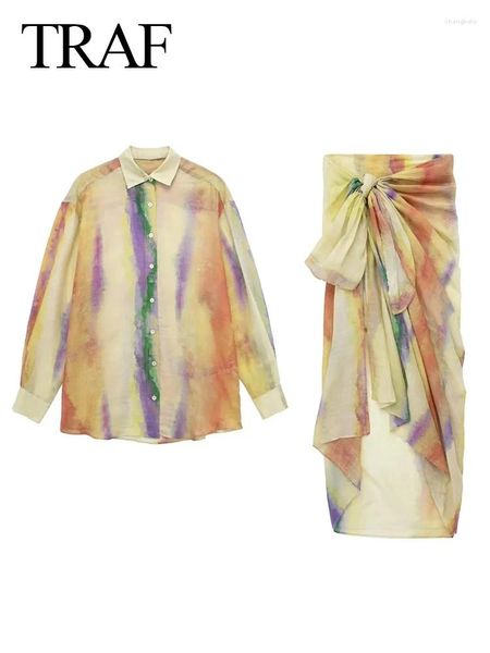 Vestidos de trabalho Mulher Tie Dye Saias Definir Camisa Longa Mulheres Semi Transparente Botão Up Pareo Wrap Saia Mulheres