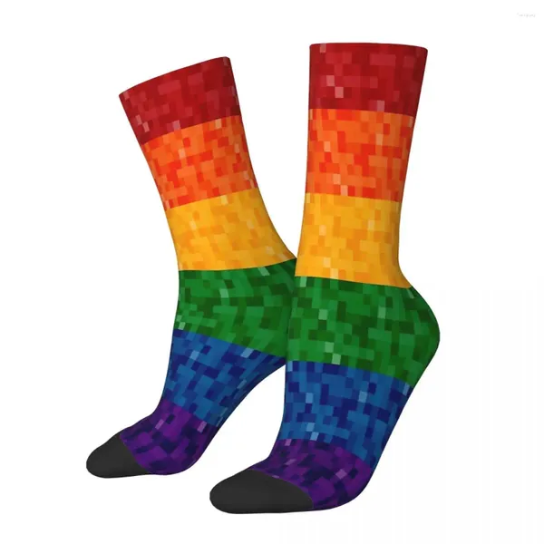 Meias masculinas arco-íris pixel bandeira orgulho gay lgbt amor masculino homens mulheres meias de primavera impressas