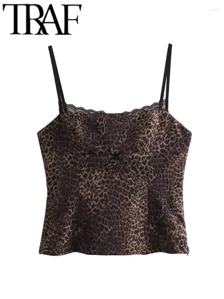 Tanques femininos Gal Leopard Impresso Cetim Mulheres Camis Sem Mangas Backless Lace Patchwork Bow Slim Feminino Crop Top 2024 Primavera Y2K