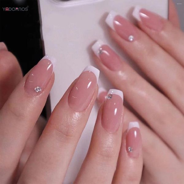 Unhas falsas rosa imprensa em simples branco francês falso glitter diamante projetos comprimento médio cobertura completa dicas de unhas diy manicure