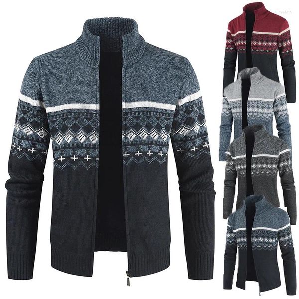 Suéter masculino listrado de inverno, cardigã de malha grosso, casaco casual com capuz, gola de outono, lã falsa, jaqueta fria