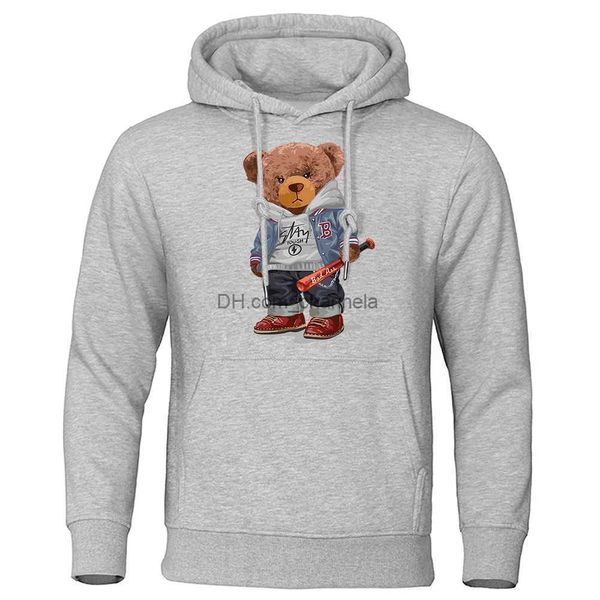 Moletons masculinos Moletons Street Beisebol Teddy Bear Menino Mens Hoodies Soltos Roupas Casuais Oversized Solto Crewneck Com Capuz Moda Casual Homens Pulôveres T240217