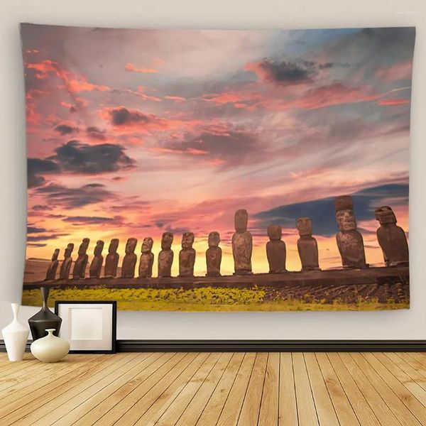 Camess Paskalya Adası Goblen Duvar Asma Moai Heykelleri Evde Oturma Odası Yatak Odası Dekor Piknik Mat için Sanat