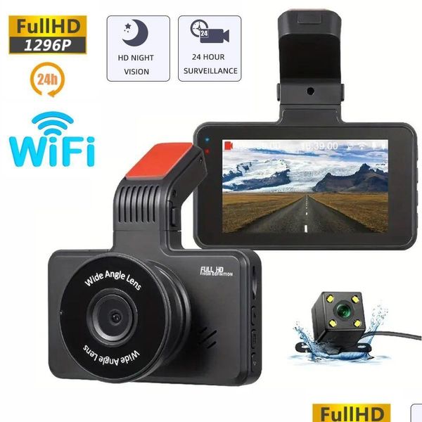 Carro DVRs Carro DVR Dvrs Dash Cam 24H Hd 1296P Câmera Dupla Lente Gravador de Vídeo Caixa Preta Ciclo Dashcam Com Wifi G-Sensor Night Camcorder Dho4N