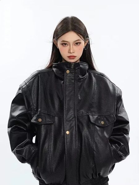 Dicke schwarze Pu-Lederjacke für Damen, Bomber, Frühling und Herbst, übergroß, winddicht, mit Reißverschluss, Luxus-Designer, Motorrad, Unisex, Oberbekleidung 240122