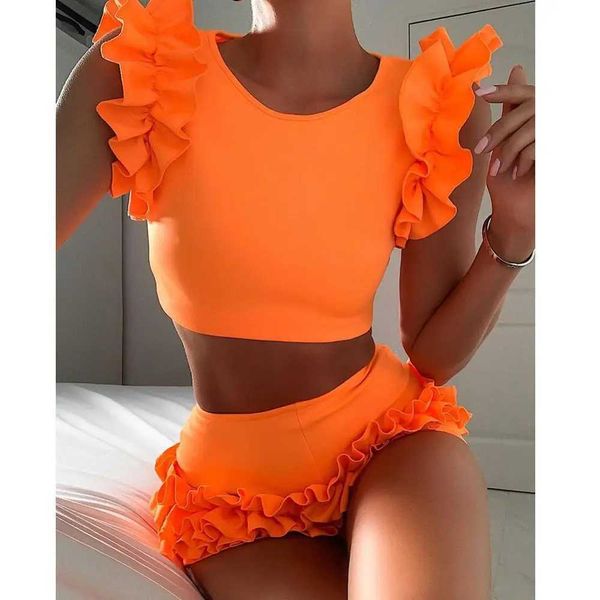 Damenbadebekleidung VIKINII 2021 Sommer Sexy Weibliche Strandkleidung Orange Frauen Zwei Stücke Set Rüschen Ärmel Crop Tops Hohe Taille Shorts Neue J240202