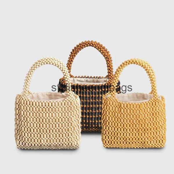 Totes novo grânulo de madeira tecido sacos vintage mão-tecido escavado à beira-mar férias tote saco quadrado para mulher 2023 summerh24217