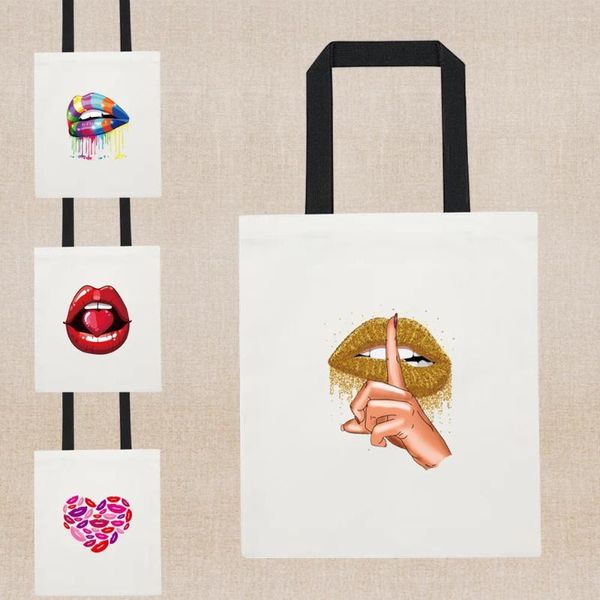Сумки для покупок, сумка с золотистыми губами и принтом, модные сумки в стиле Харадзюку, кавайные тканевые складные холщовые сумки на плечо для женщин