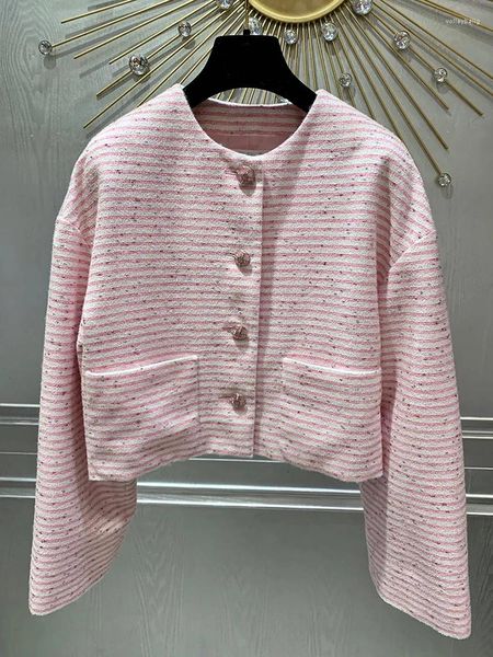 Damenjacken Mode rosa gestreifte Tweed-Jacke für Frauen Hochwertiger O-Ausschnitt mit weitem Ärmel Metallic-Seidenfutter-Mantel 2024 Frühling