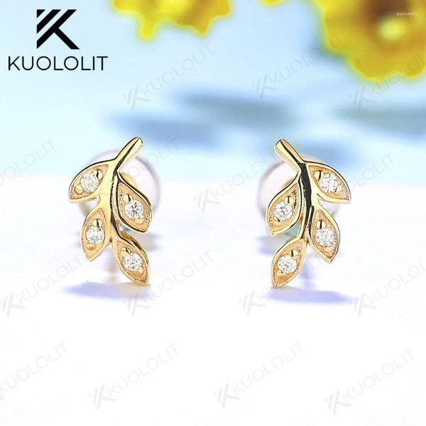 Brincos Kuololit Lab Grown Diamante Sólido 18K 14K Ouro Pedra Redonda para Mulheres Forma de Folha Jóias Finas Casamento Noivado