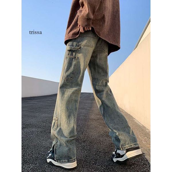 Jeans estilo americano, masculino solto, perna reta, divisão ligeiramente alargada, marca da moda de rua alta, calças compridas com babados e bonitas, grandes