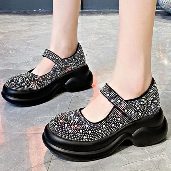 Sapatos de vestido mulheres mocassins designer marca cheio diamante strass cabeça redonda plataforma estilo britânico casual sapato de fundo grosso para mulheres