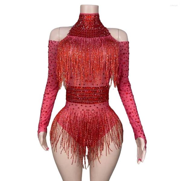 Sahne Giyim Kırmızı püsküllü kadınlar rhinestone bodysuits streç dans leotard kostüm kulüp kıyafetleri karnaval rave festivali amigo kız