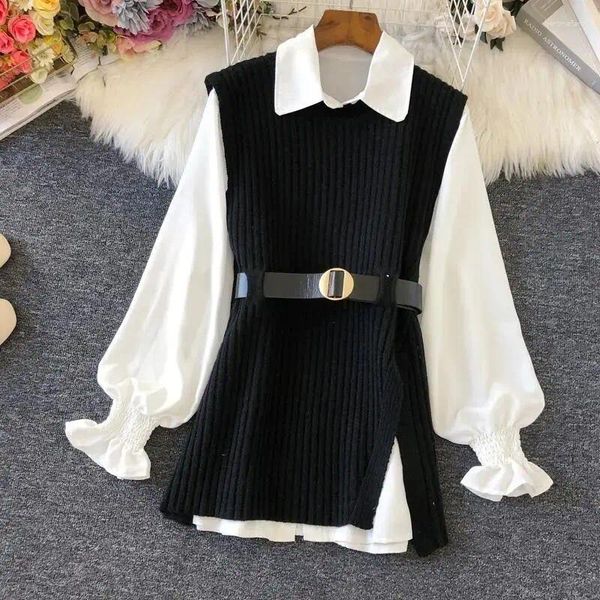 Abiti da lavoro Bavero Camicia a maniche lunghe Gilet lavorato a maglia Set da due pezzi Primavera e autunno da donna Stile coreano Alla moda Elegante Casual Top Su