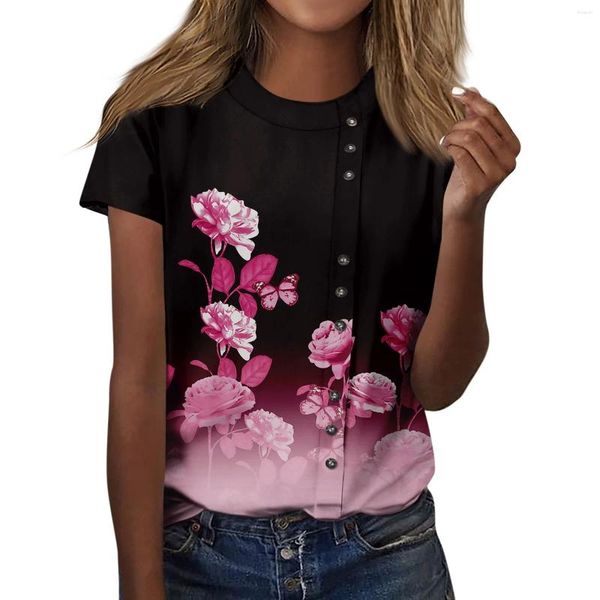 Camiseta feminina moda casual em torno do pescoço decorativo botão imprime manga curta camiseta topo mulher blusa 2024 camisa para mulher