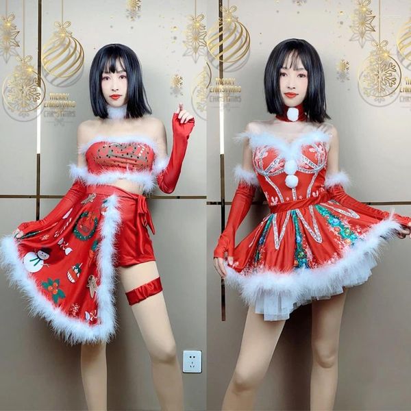 Bühnenkleidung Weihnachtsfeier Rotes Pelzkleid Set Frauen Feiern Festival Outfit Jazz Gogo Tänzerin Kostüm DJ Performance XS7333