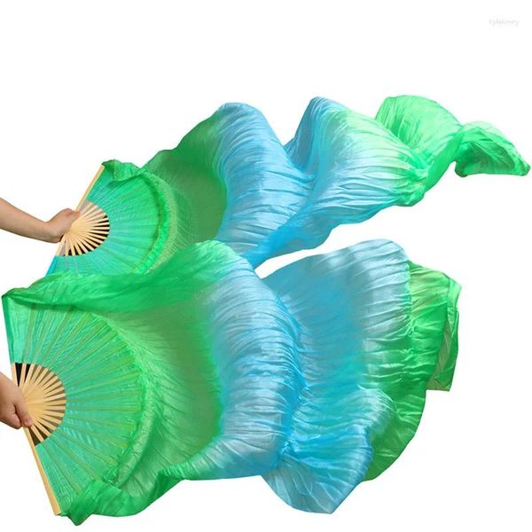 Ventagli di danza del ventre in seta personalizzati per abbigliamento da palco 1 paio di oggetti di scena tinti a mano verde sfumato turchese 180x90 cm