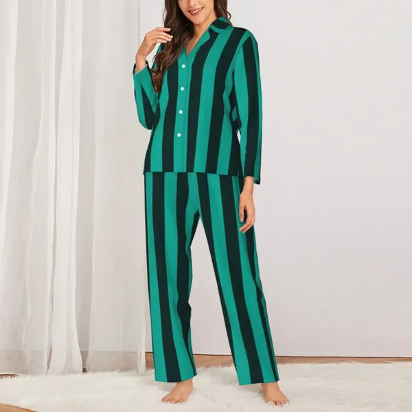 Abbigliamento da donna per sonno verde verticale a strisce verticale set linee nere autunnali carine femminili da donna a 2 pezzi a 2 pezzi oversize nightwear