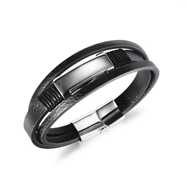 Charme pulseiras jialy homens europeus moda preto trançado multi-camada pulseira de couro botão de aço inoxidável pulseira jóias b0210