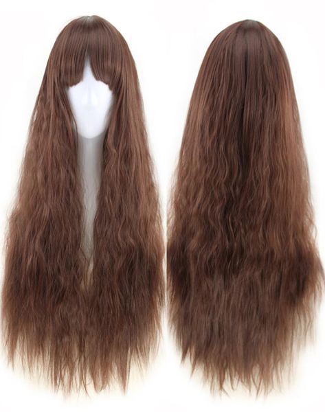 Moda feminina sexy longo cabelo ondulado completo resistente ao calor perucas de cabelo sintético cosplay festa marrom claro natural preto peruca peluca7075405