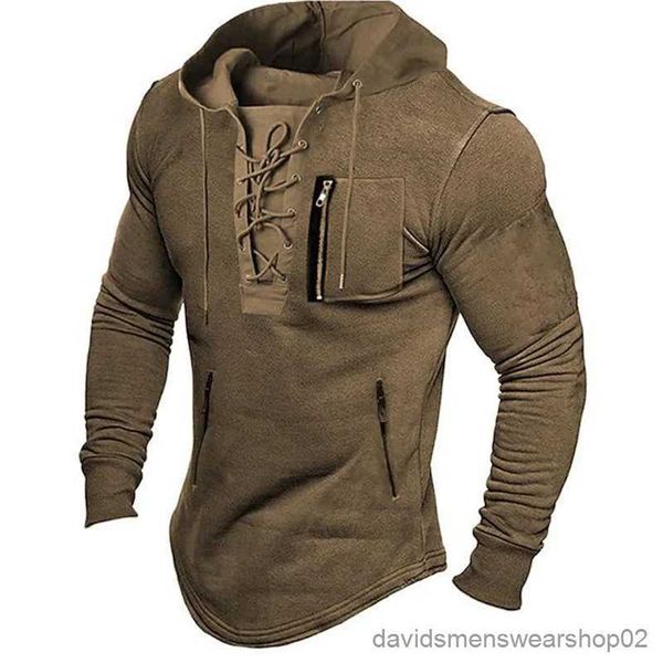 Felpe con cappuccio da uomo 2024 Uomo Autunno Primavera Top Lace Up Coulisse Tinta unita Manica lunga Tasche con cerniera Pullover Streetwear Uomo Felpa con cappuccio di media lunghezza