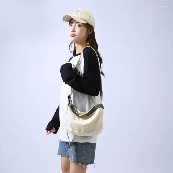 Sacos de cintura estilo japonês cor sólida simples lavado bolsa de lona feminina estudante universitário vintage mensageiro moda ombro messe