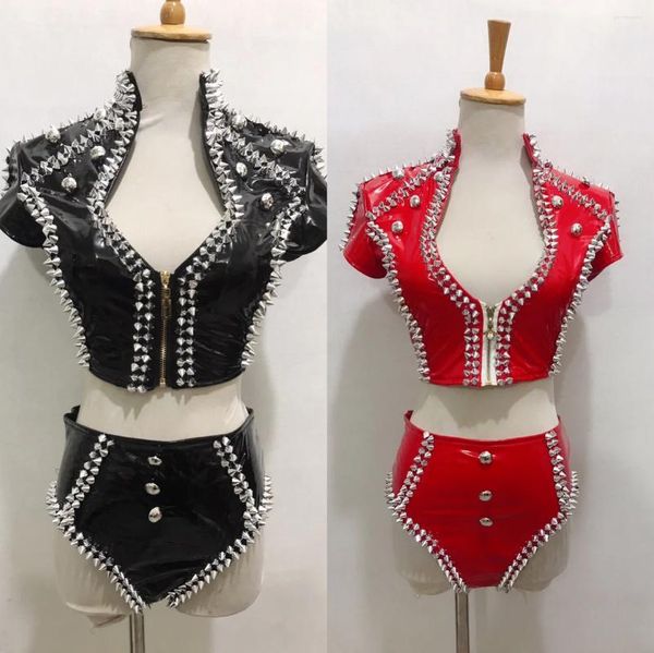 Palco desgaste 4 cores rebite de couro tops shorts mulheres pole dance roupas festa rave outfit nightclub desempenho dj gogo traje conjunto