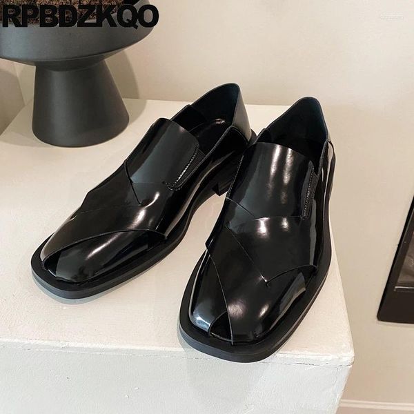 Sandali Punta Quadrata Pantofole da Ufficio Scarpe Ritagliate Abito in Pelle Verniciata Mezze Diapositive Passerella da Uomo Ciabatte Appartamenti Slip On Mocassini Cavi