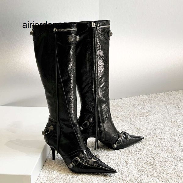 Stiefel Cagole Gürtelschnalle Dekoration kniehohe Stiefel Damen Leder seitlicher Reißverschluss spitz sexy Mode Luxus Designer Fabrik Schuhe Walk Show Stiefel