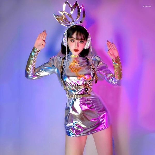 Sahne Giyim Teknoloji Tarzı Gümüş Lazer Elbise Kadın Partisi Gogo Dance Costume Festival Kıyafet Kadın Şarkıcı Dansçı DJ Clubwear XS6909