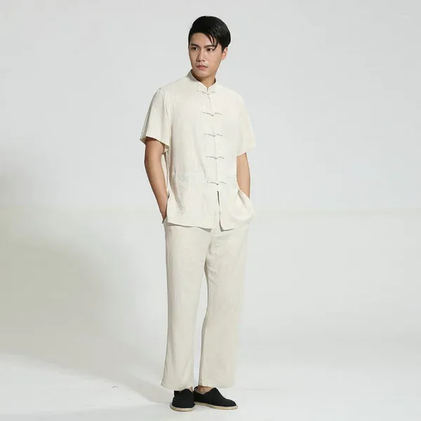 Tute da uomo stile cinese pausa uomo twinset beige grigio top a maniche corte e pantaloni completo da 2 pezzi con ricamo di buon auspicio