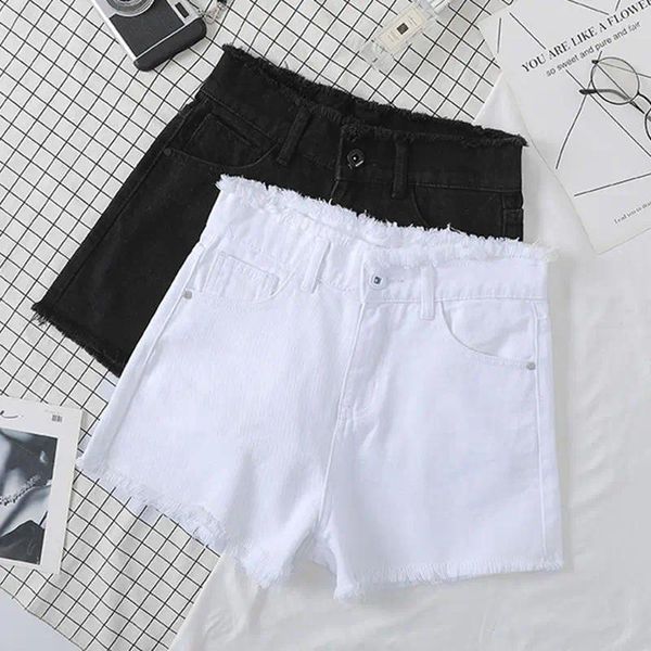 Jeans femininos estiramento preto e branco denim shorts feminino verão cintura alta magro emagrecimento selvagem desgastado calças