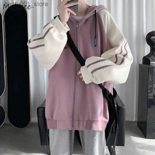 Herren Hoodies Sweatshirts Kontrast Hoodies Männer S-3XL Sweatshirts Mann Seite Gestreift Harajuku Zipper BF Hoodie Paare Adrette Streetwear Zip Up Casual Q240217